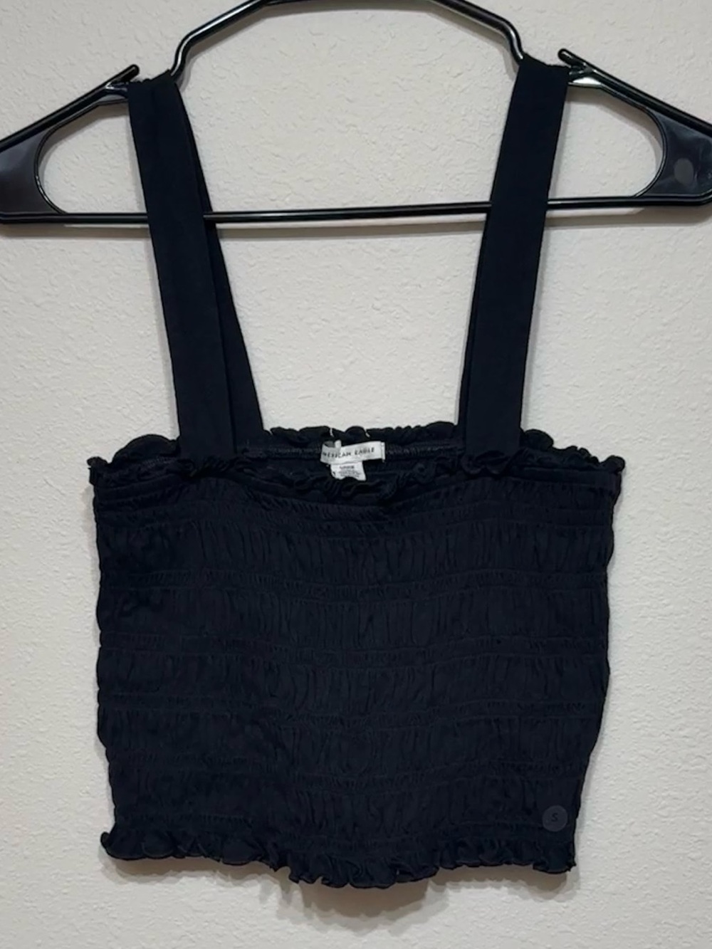 Black Smocked Small Tube Top Ruffle Trim Square Neck